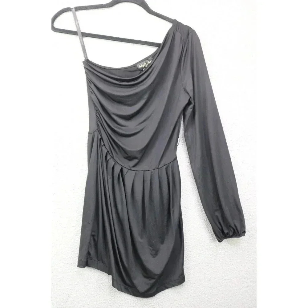 Baby Phat One Shoulder Long Sleeve Black Dress-Size Medium-Goth-Witchy-Y2K